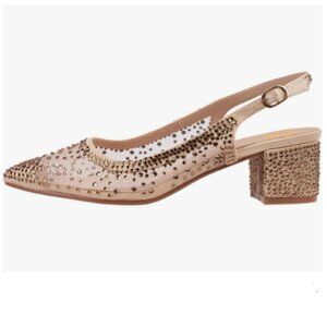 XYD Gold Rhinestone Pumps Sheer Mesh Slingback Block Low Heels Pointed Toe Shoes